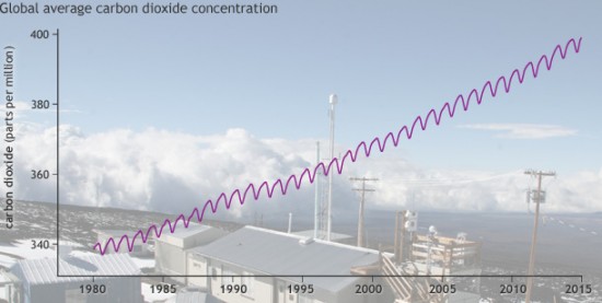 Global average carbon dioxide concentrations since 1980, with photo of Mauna Loa Observatory in background. Adapted from Figure 2.36 in State of the Climate in 2014. Climate.gov